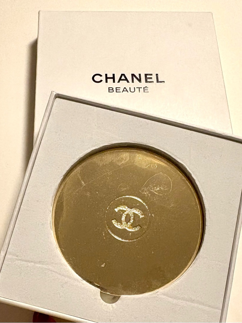 Chanel Beauté Gold tone Compact Mirror NIB (protective plastic still attached)
